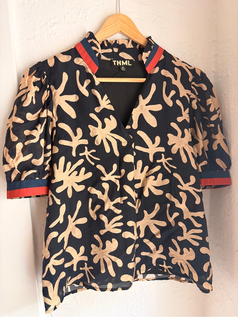 THML Navy Blouse with Gold Abstract Floral and Red Trim
